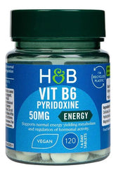 Holland & Barrett Vitamin B6 50mg bottle for energy support and hormonal regulation, vegan-friendly, 120 tablets.
